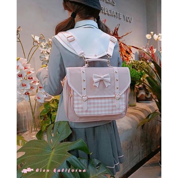 Pink Gingham Bow Satchel Backpack with Heart Accents – Kawaii Style - Picture 4 of 5